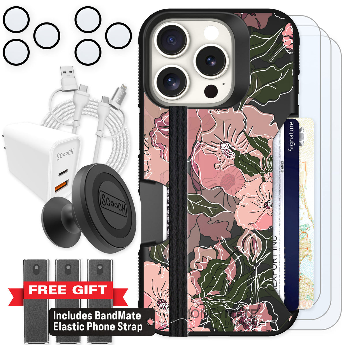 Scooch Moneymate Blush Botanical for iPhone 16 Pro — Ultimate Bundle
