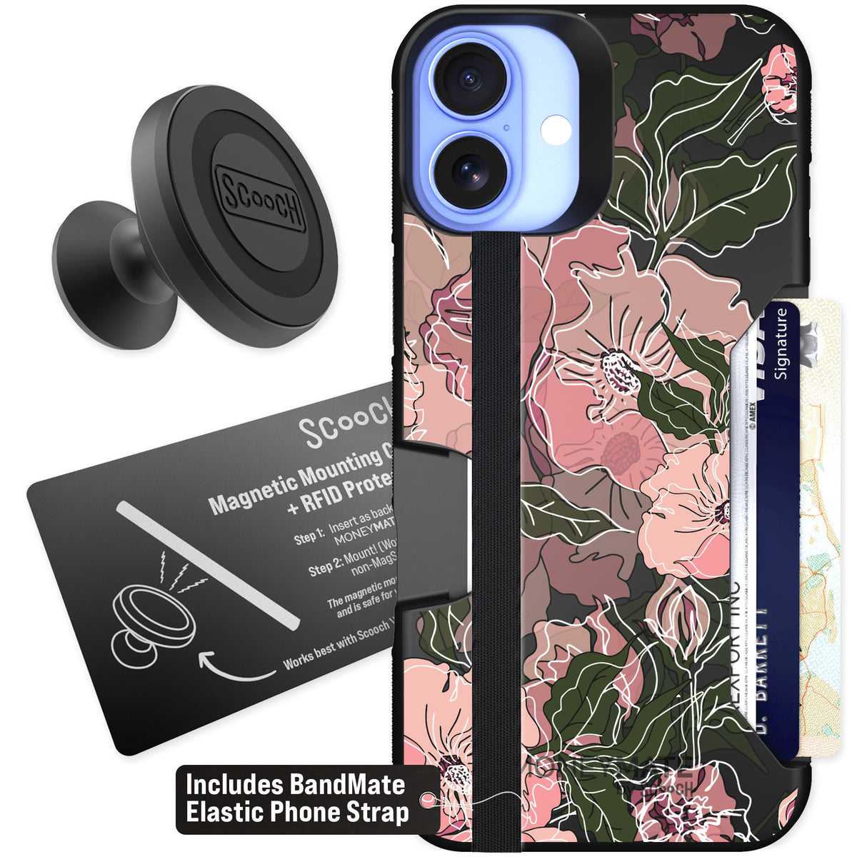 Scooch Moneymate Blush Botanical for iPhone 16 Plus — Starter Bundle
