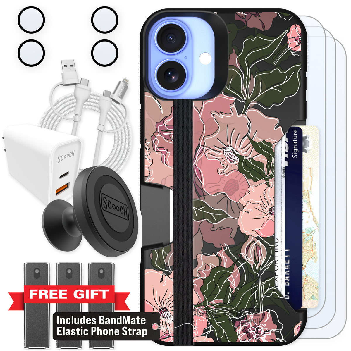 Scooch Moneymate Blush Botanical for iPhone 16 Plus — Ultimate Bundle