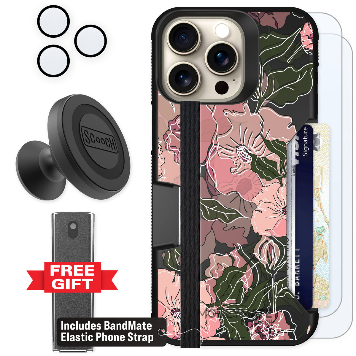 Scooch Moneymate Blush Botanical for iPhone 15 Pro Max — Defender Bundle