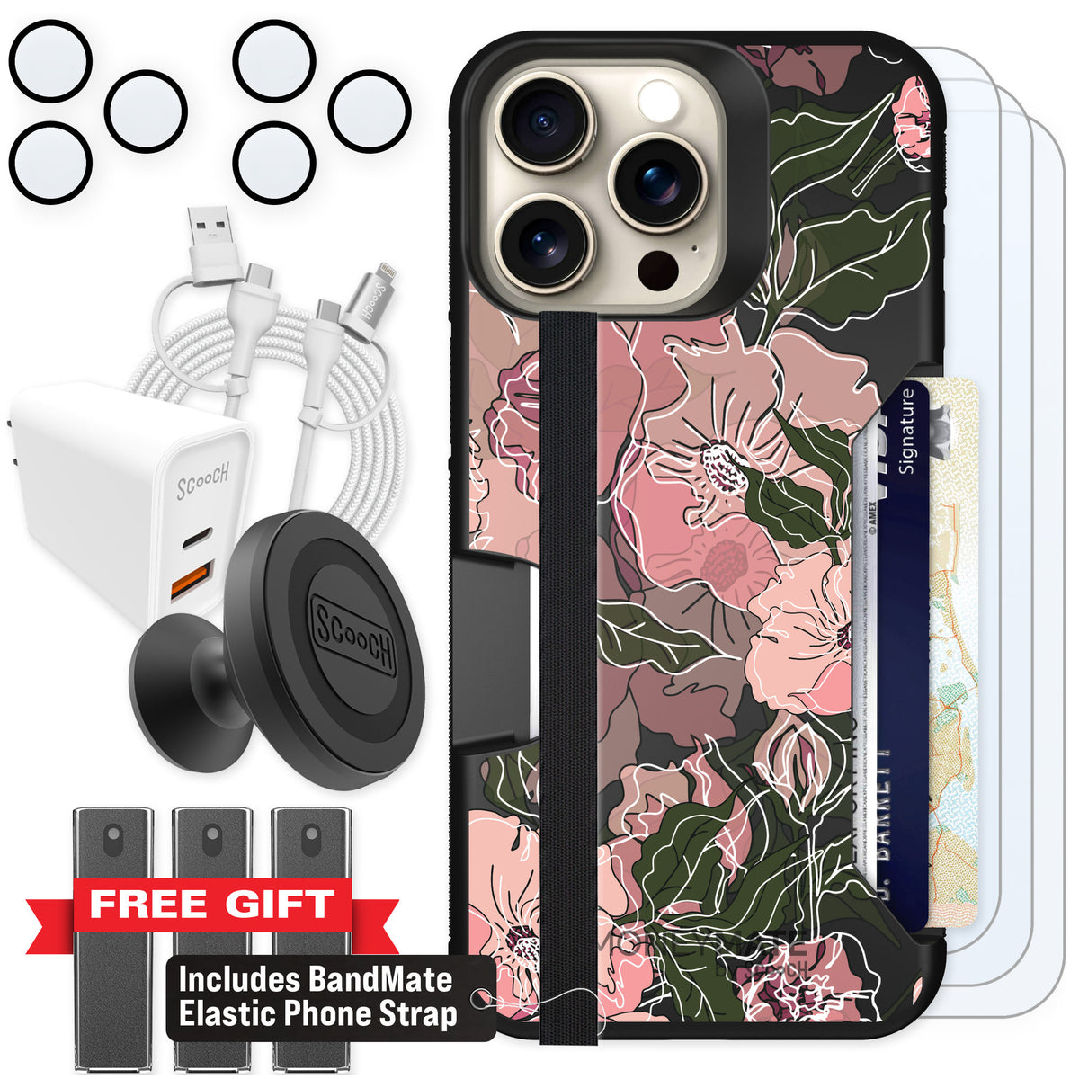 Scooch Moneymate Blush Botanical for iPhone 15 Pro Max — Ultimate Bundle