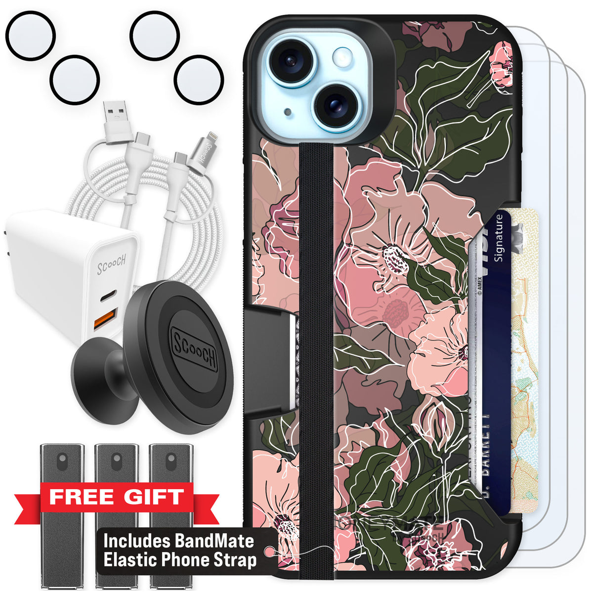 Scooch Moneymate Blush Botanical for iPhone 15 Plus — Ultimate Bundle