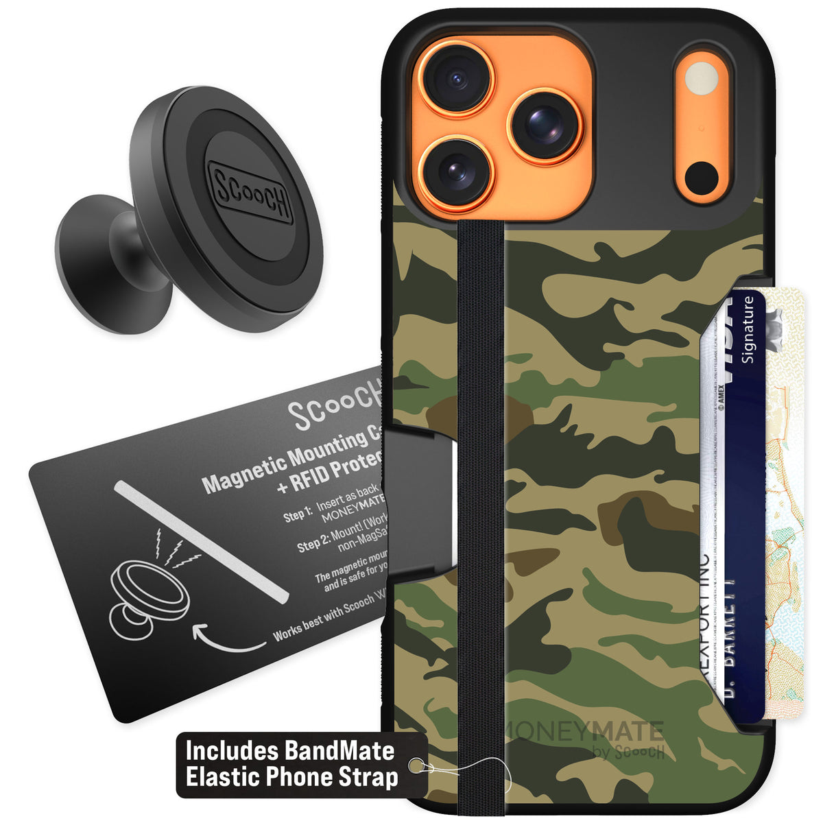 Scooch Moneymate Classic Camo for iPhone 17 Pro Max — Starter Bundle
