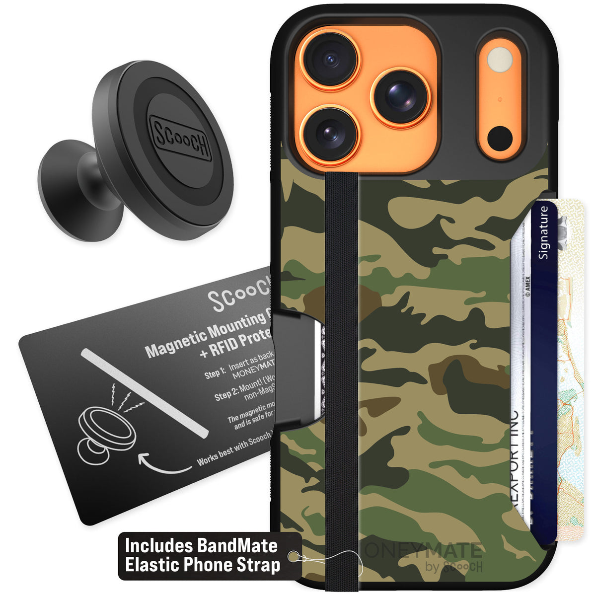 Scooch Moneymate Classic Camo for iPhone 17 Pro — Starter Bundle