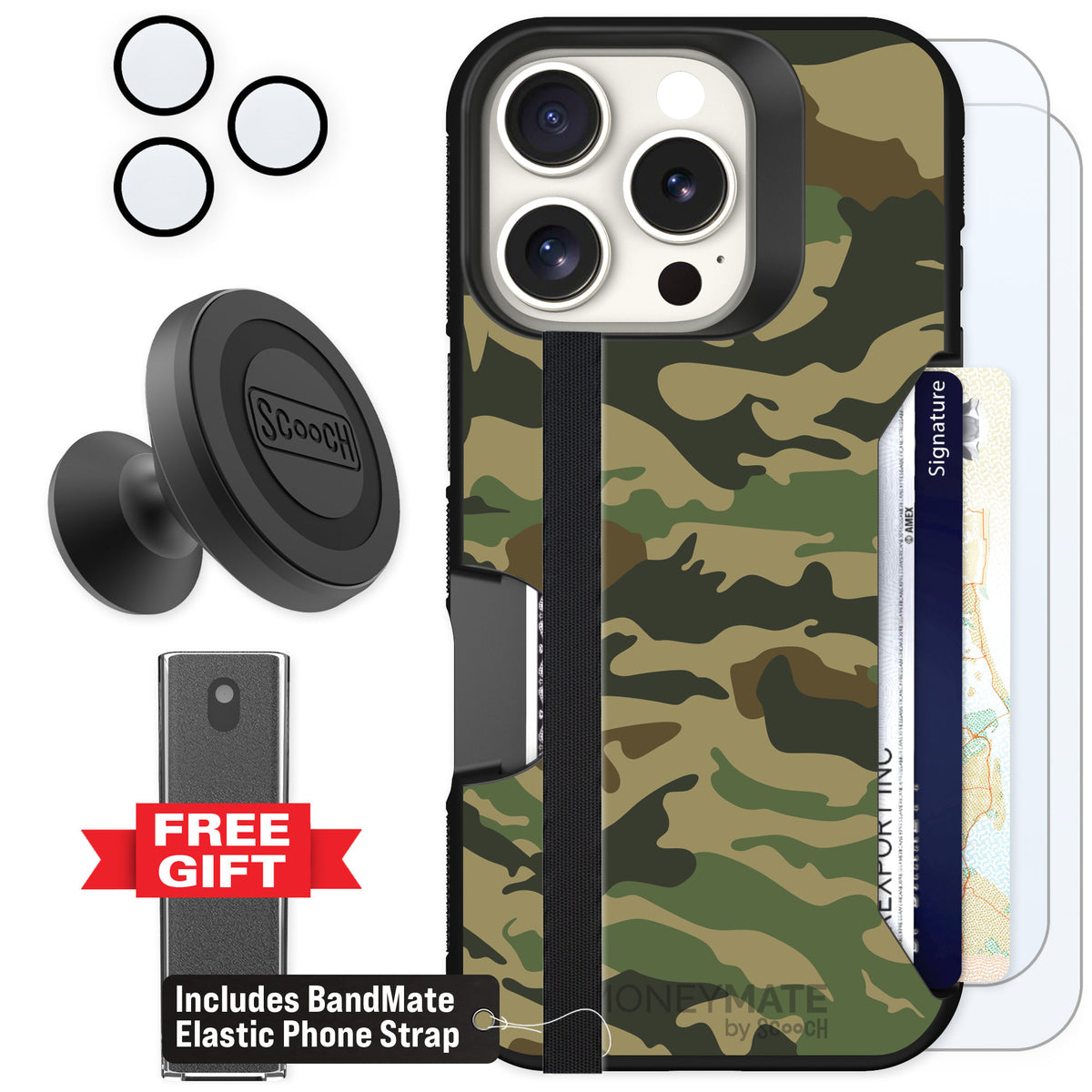 Scooch Moneymate Classic Camo for iPhone 16 Pro — Defender Bundle