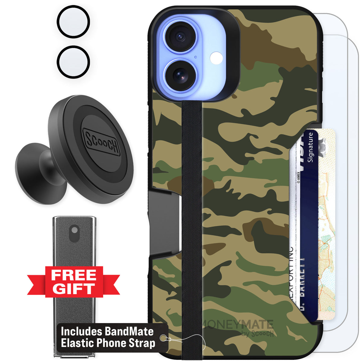 Scooch Moneymate Classic Camo for iPhone 16 Plus — Defender Bundle