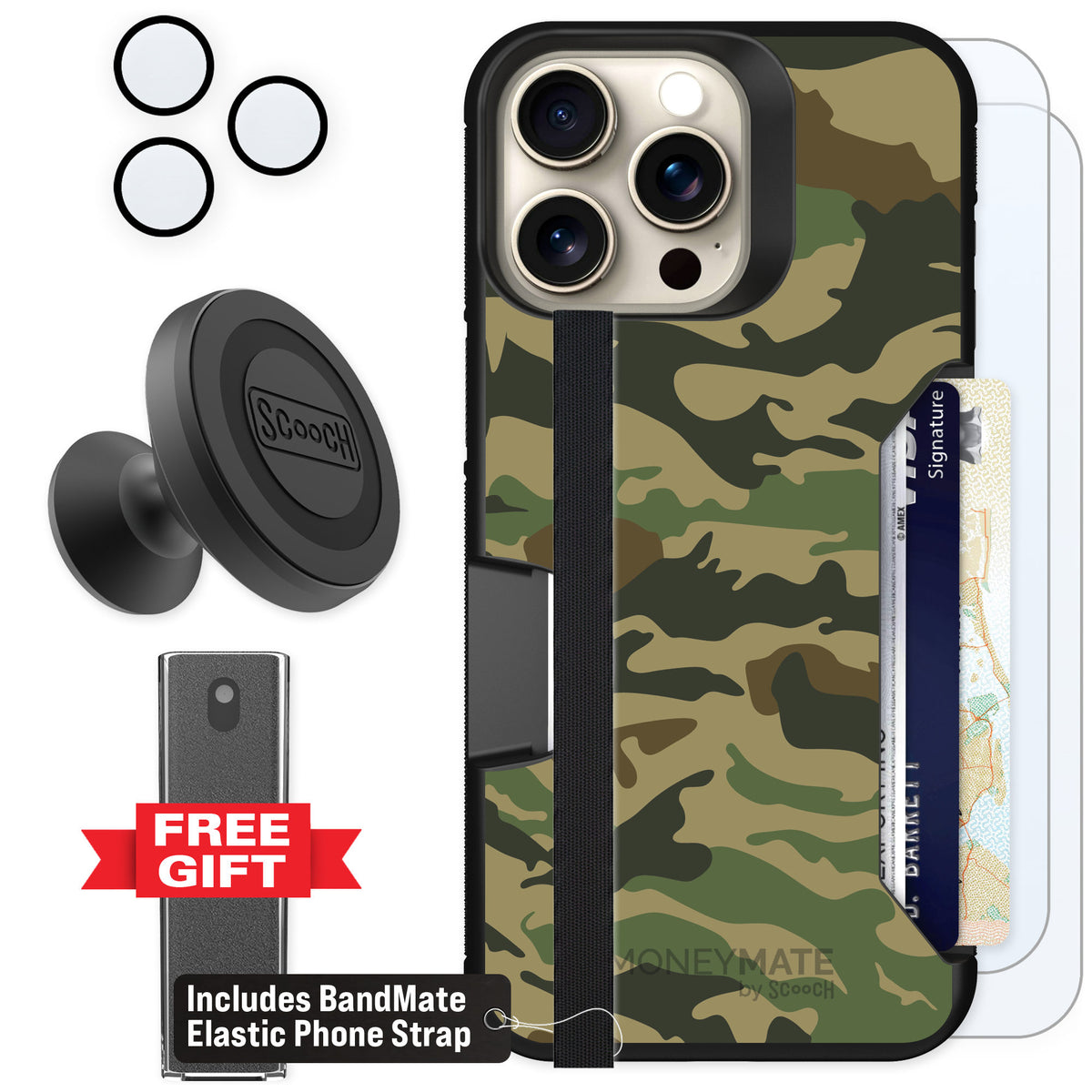 Scooch Moneymate Classic Camo for iPhone 15 Pro Max — Defender Bundle