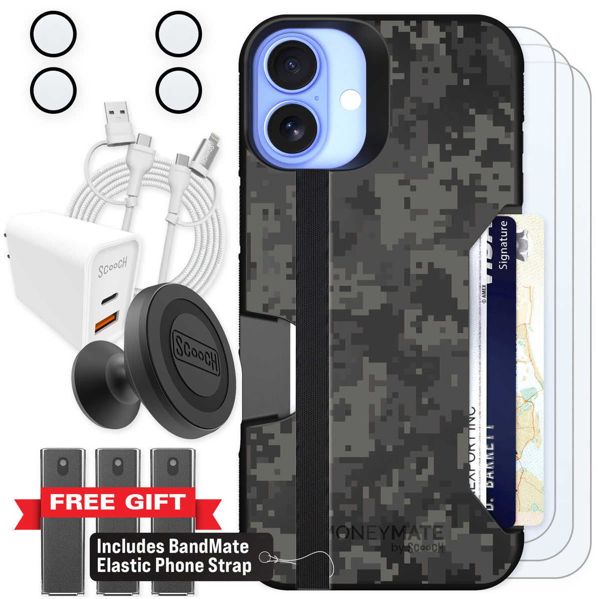 Scooch Moneymate Digi Camo for iPhone 16 Plus — Ultimate Bundle