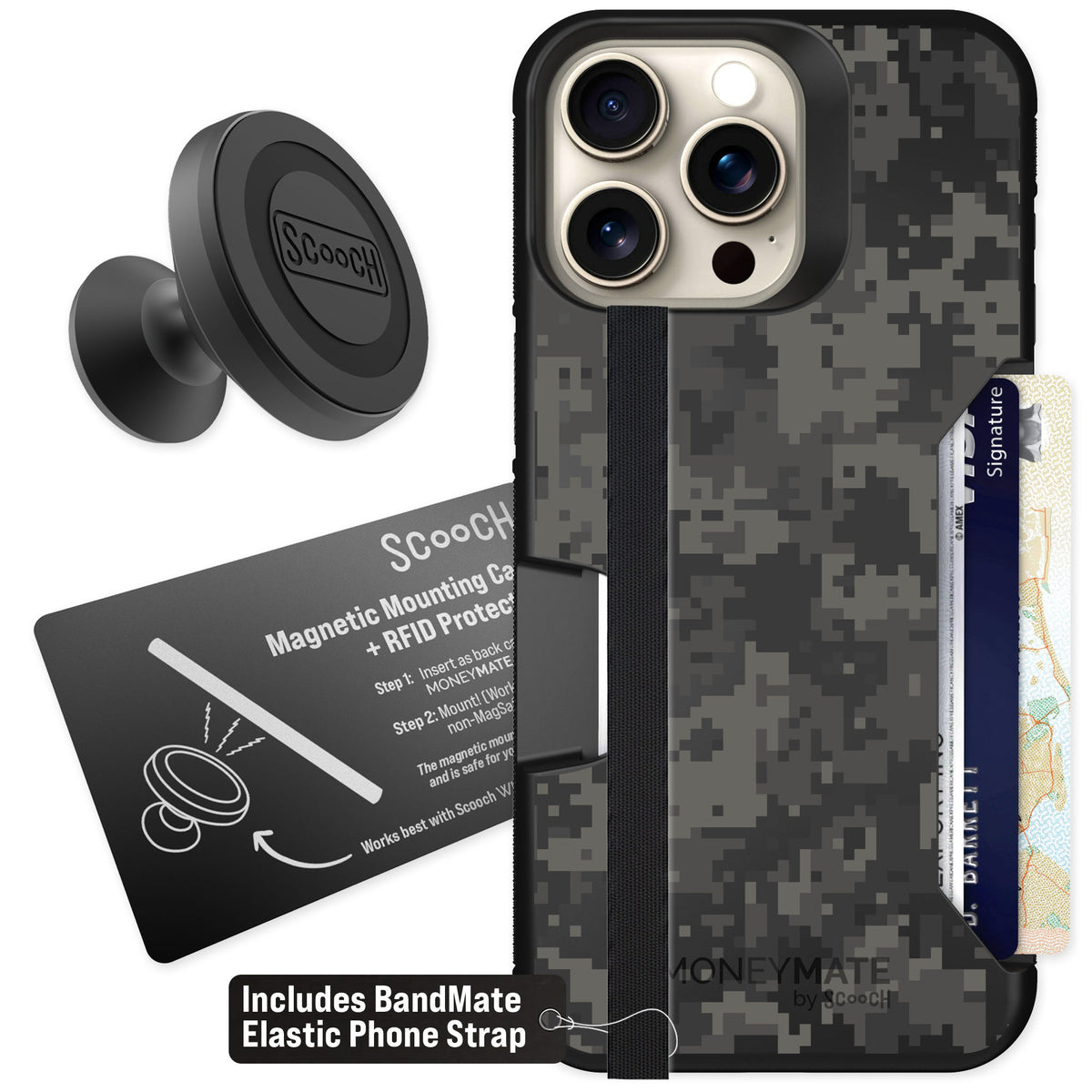 Scooch Moneymate Digi Camo for iPhone 15 Pro Max — Starter Bundle