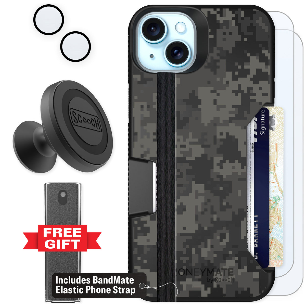 Scooch Moneymate Digi Camo for iPhone 15 Plus — Defender Bundle