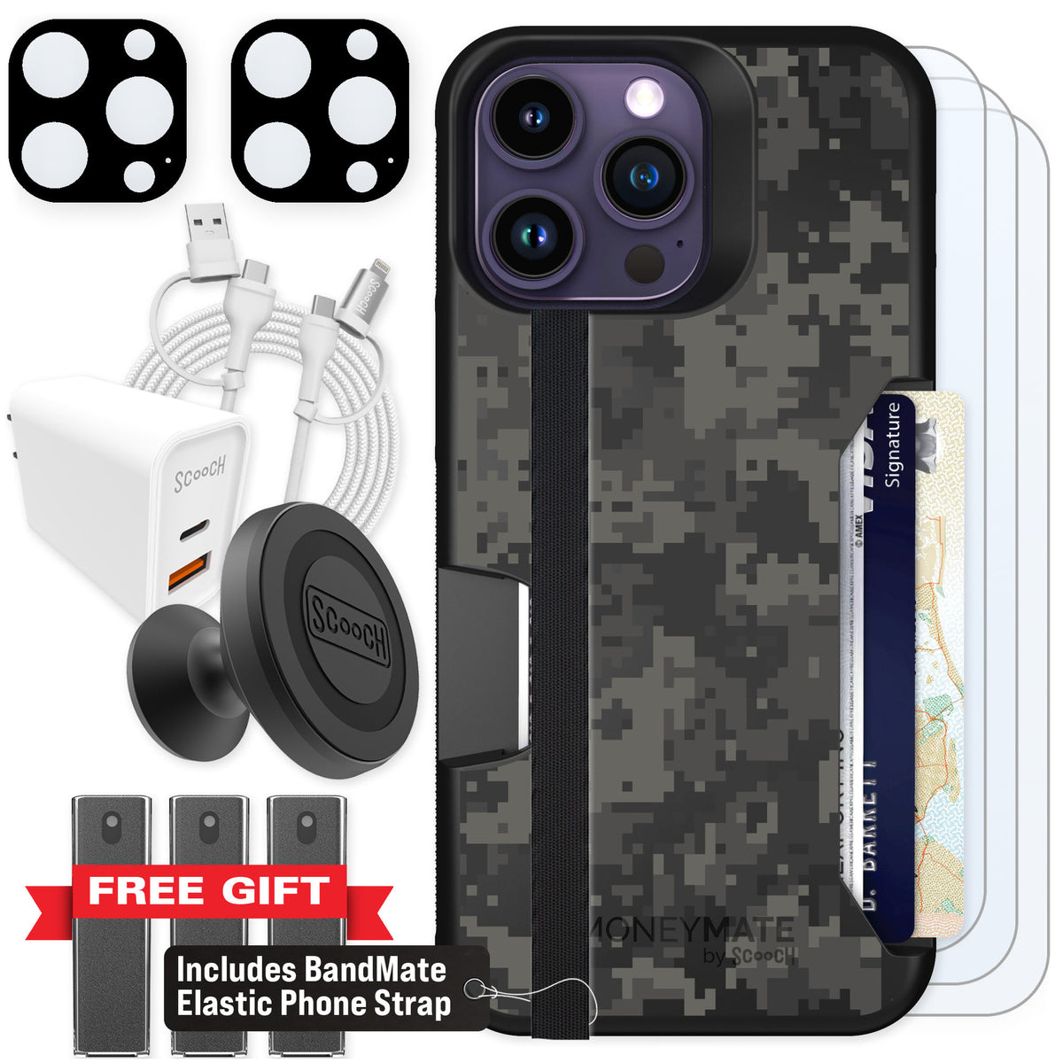Scooch Moneymate Digi Camo for iPhone 14 Pro Max — Ultimate Bundle