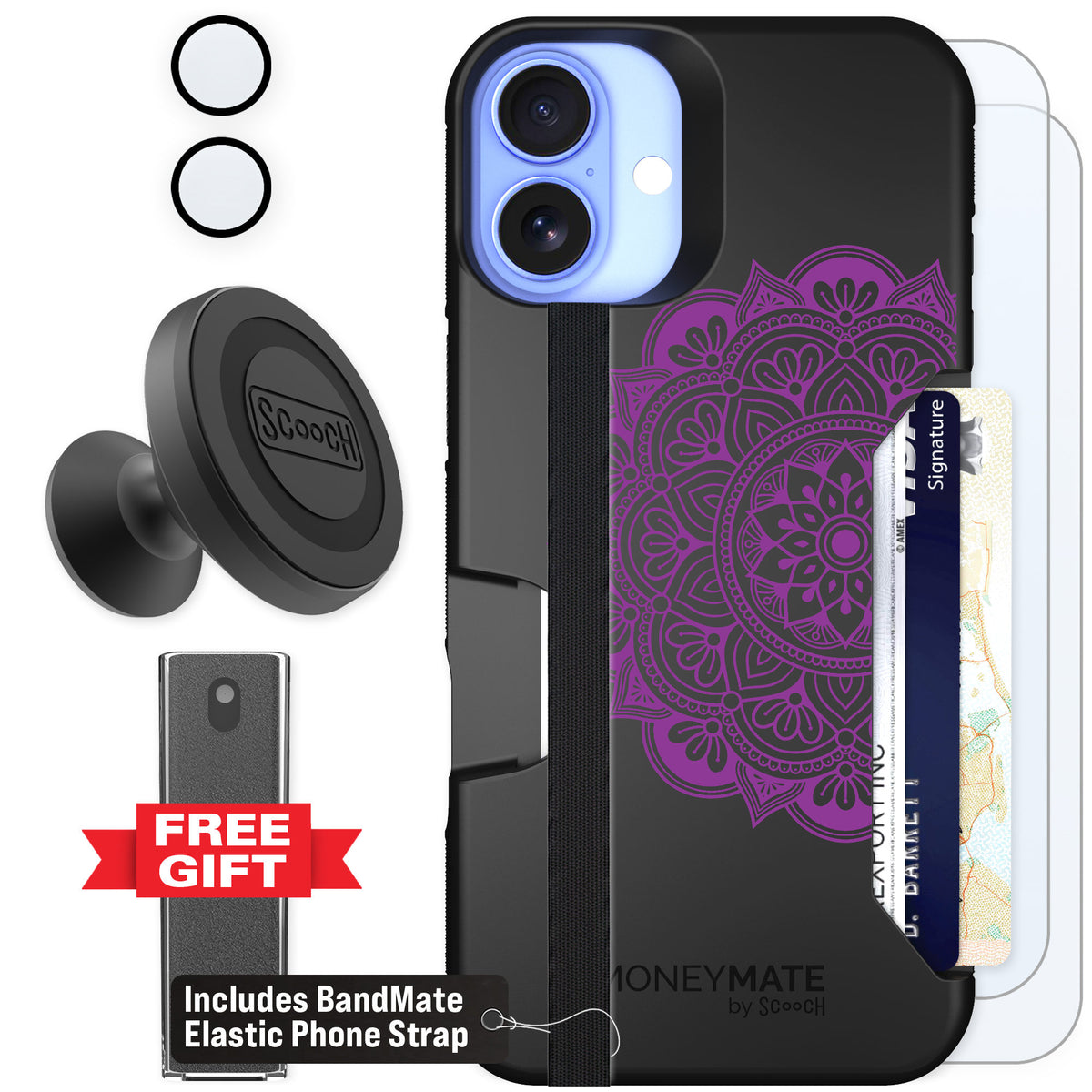 Scooch Moneymate Mandala Dreams for iPhone 16 Plus — Defender Bundle