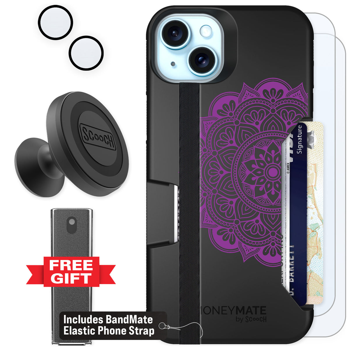 Scooch Moneymate Mandala Dreams for iPhone 14 Plus — Defender Bundle