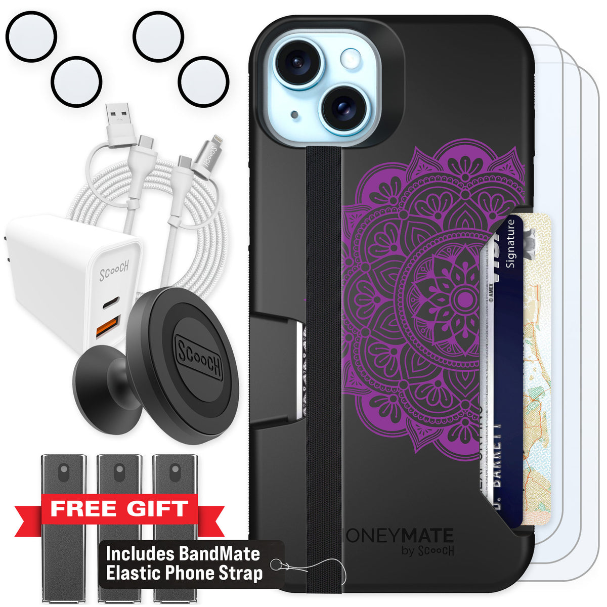 Scooch Moneymate Mandala Dreams for iPhone 14 Plus — Ultimate Bundle