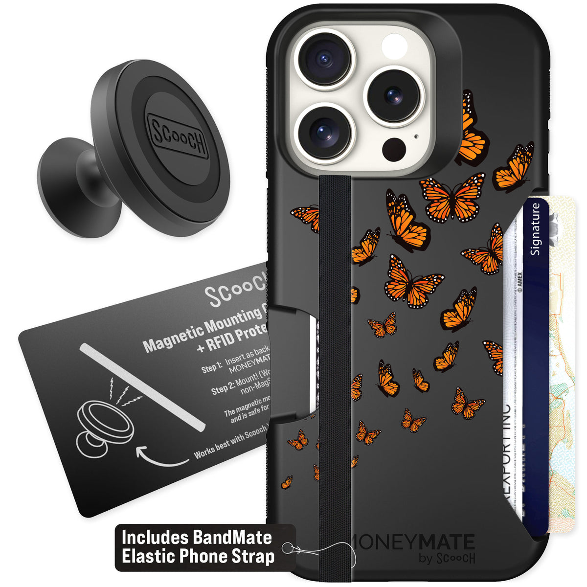 Scooch Moneymate Monarch Flight for iPhone 16 Pro — Starter Bundle