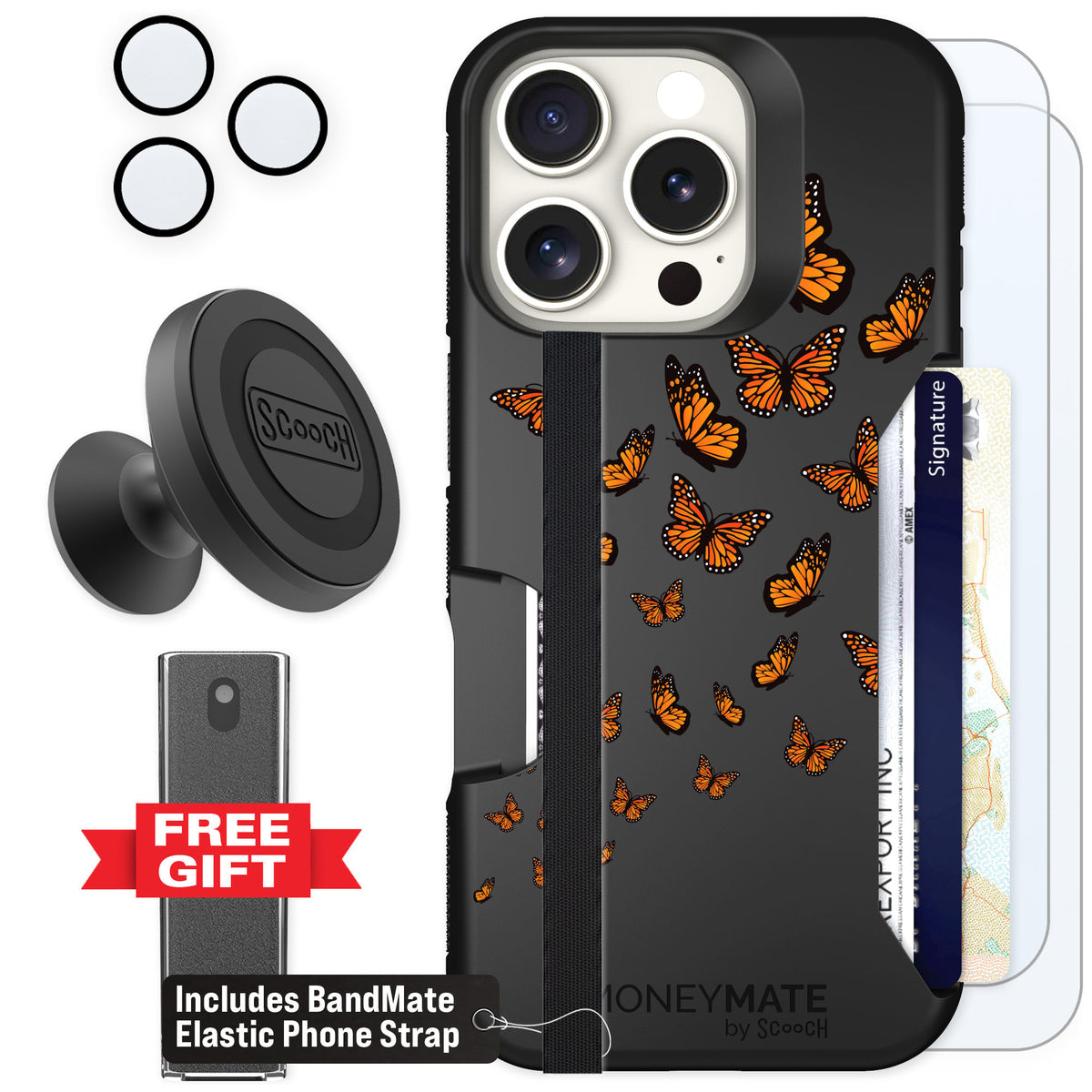 Scooch Moneymate Monarch Flight for iPhone 16 Pro — Defender Bundle