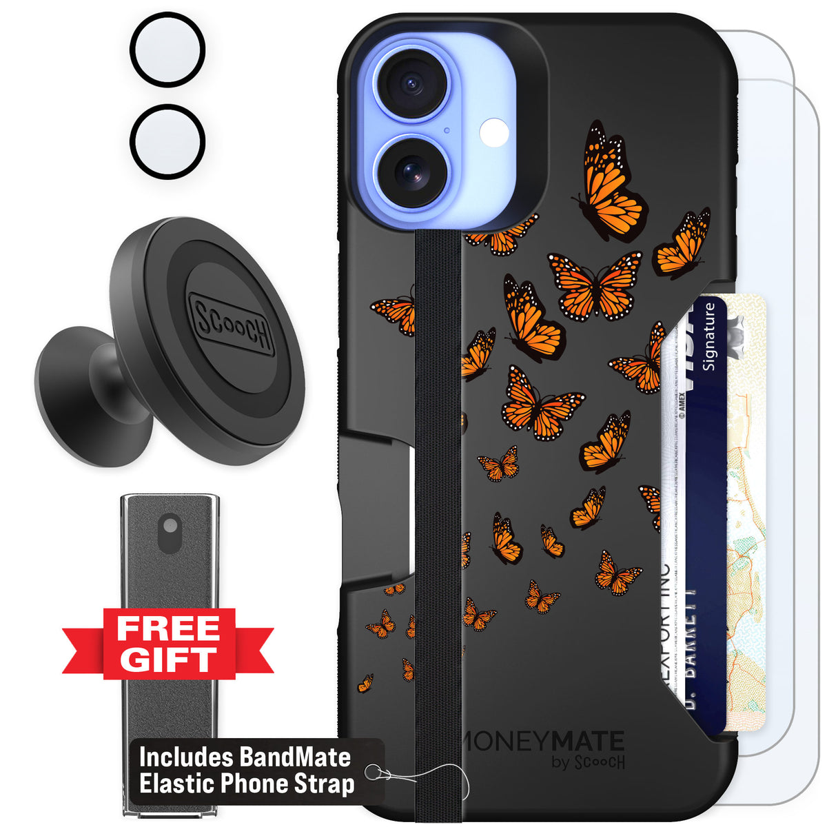 Scooch Moneymate Monarch Flight for iPhone 16 Plus — Defender Bundle