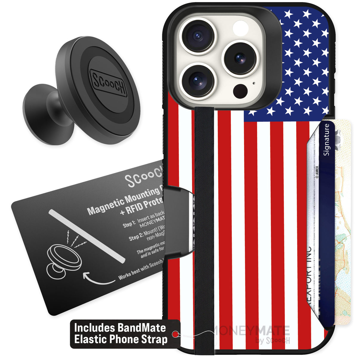 Scooch Moneymate Stars and Stripes for iPhone 16 Pro — Starter Bundle
