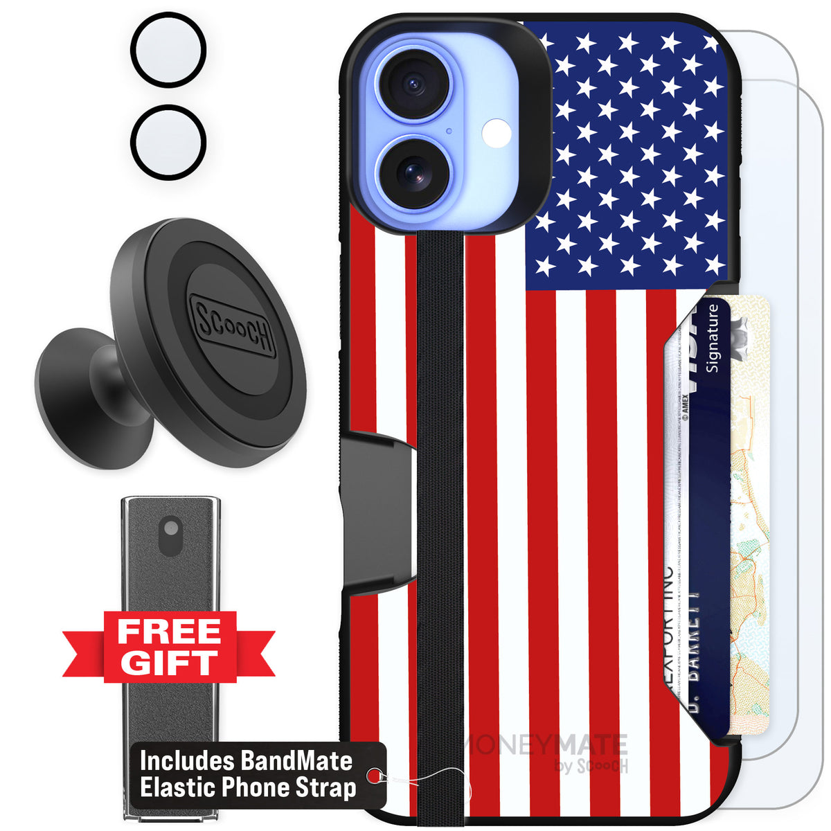 Scooch Moneymate Stars and Stripes for iPhone 16 Plus — Defender Bundle