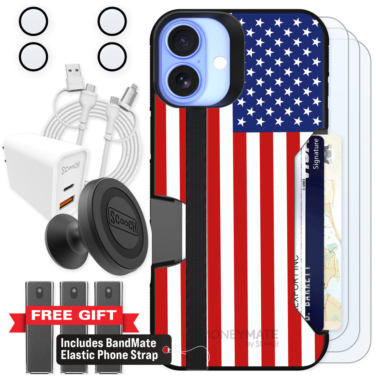 Scooch Moneymate Stars and Stripes for iPhone 16 Plus — Ultimate Bundle