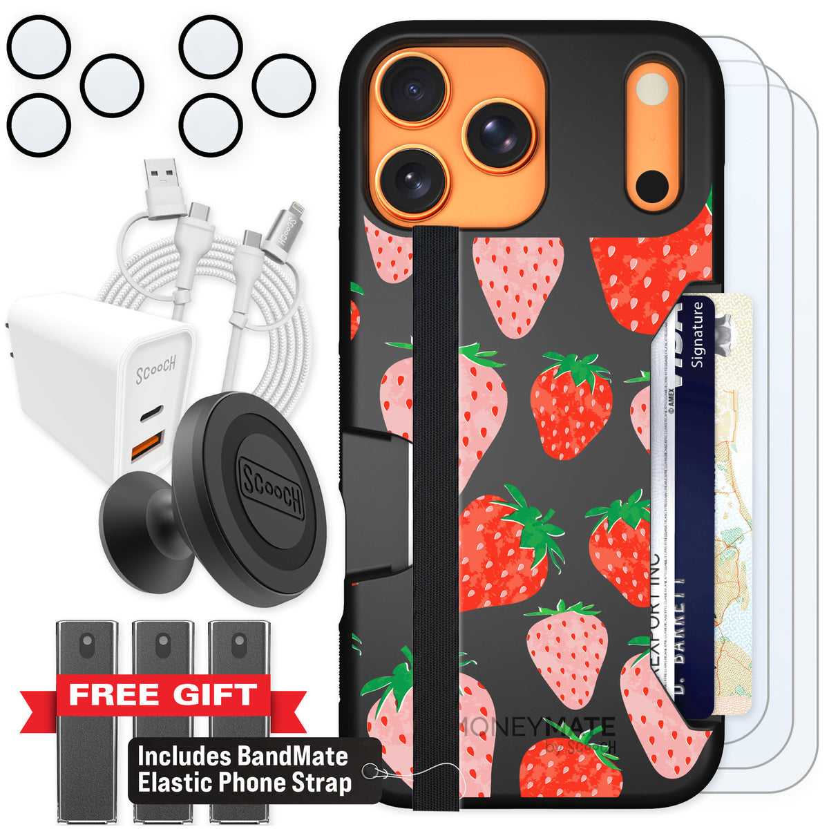 Scooch Moneymate Strawberry Fields for iPhone 17 Pro Max — Ultimate Bundle