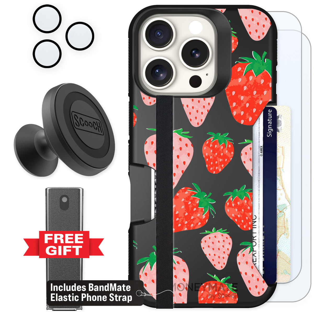 Scooch Moneymate Strawberry Fields for iPhone 16 Pro — Defender Bundle