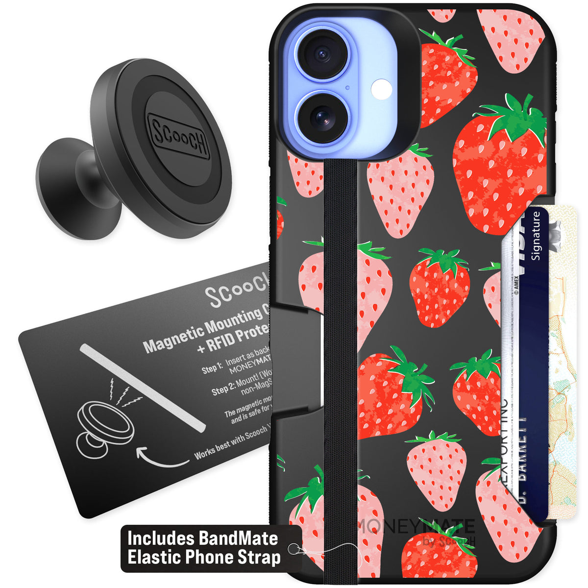 Scooch Moneymate Strawberry Fields for iPhone 16 Plus — Starter Bundle