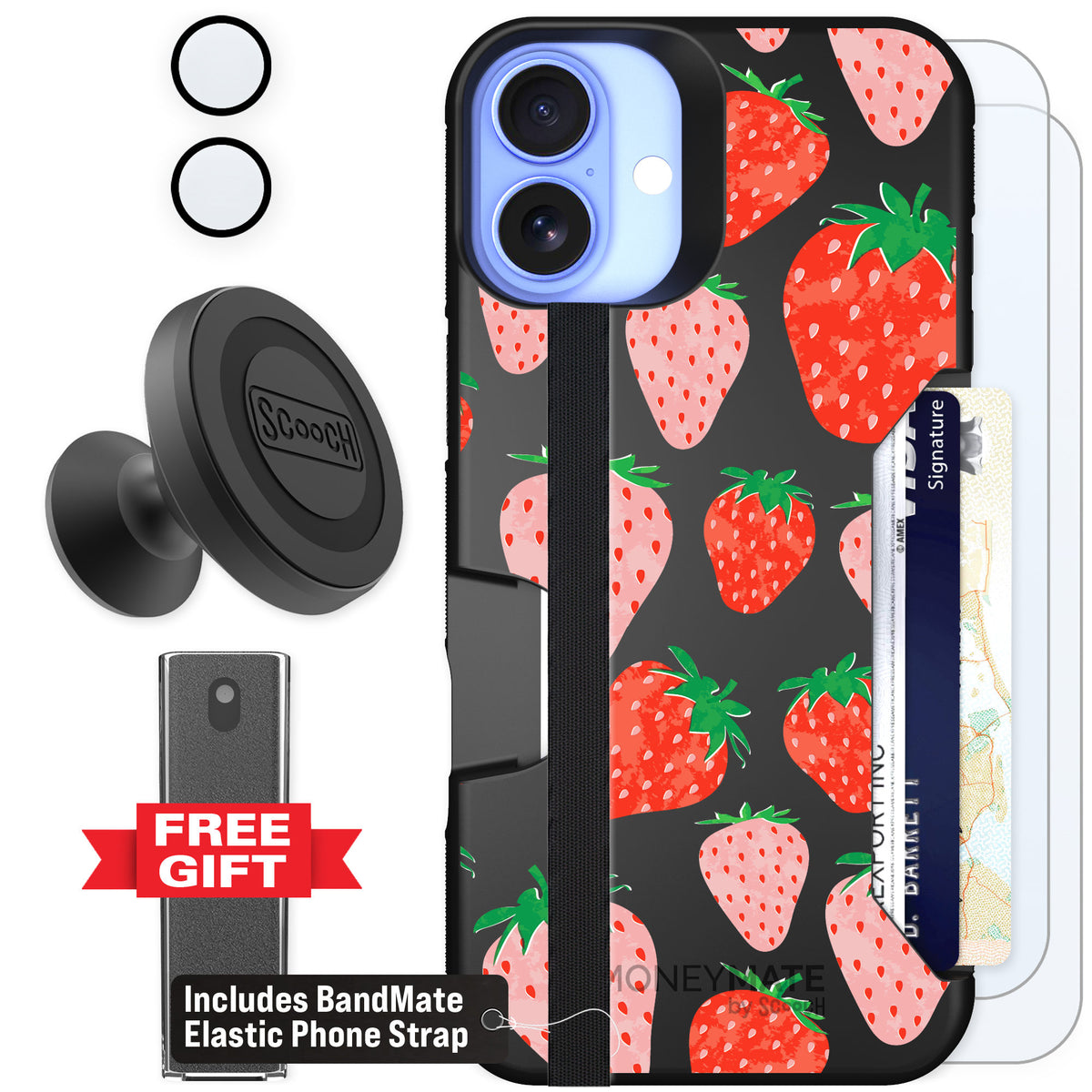 Scooch Moneymate Strawberry Fields for iPhone 16 Plus — Defender Bundle