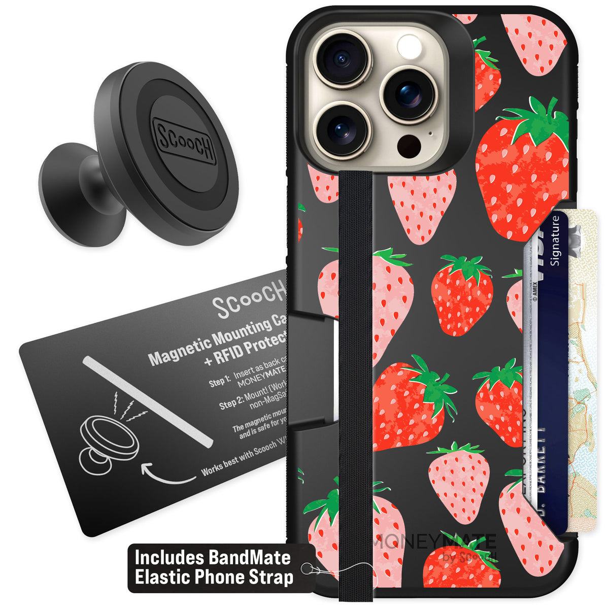 Scooch Moneymate Strawberry Fields for iPhone 15 Pro Max — Starter Bundle