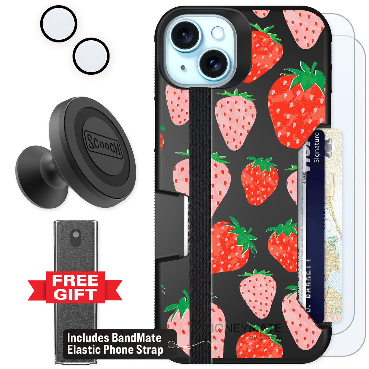 Scooch Moneymate Strawberry Fields for iPhone 15 Plus — Defender Bundle