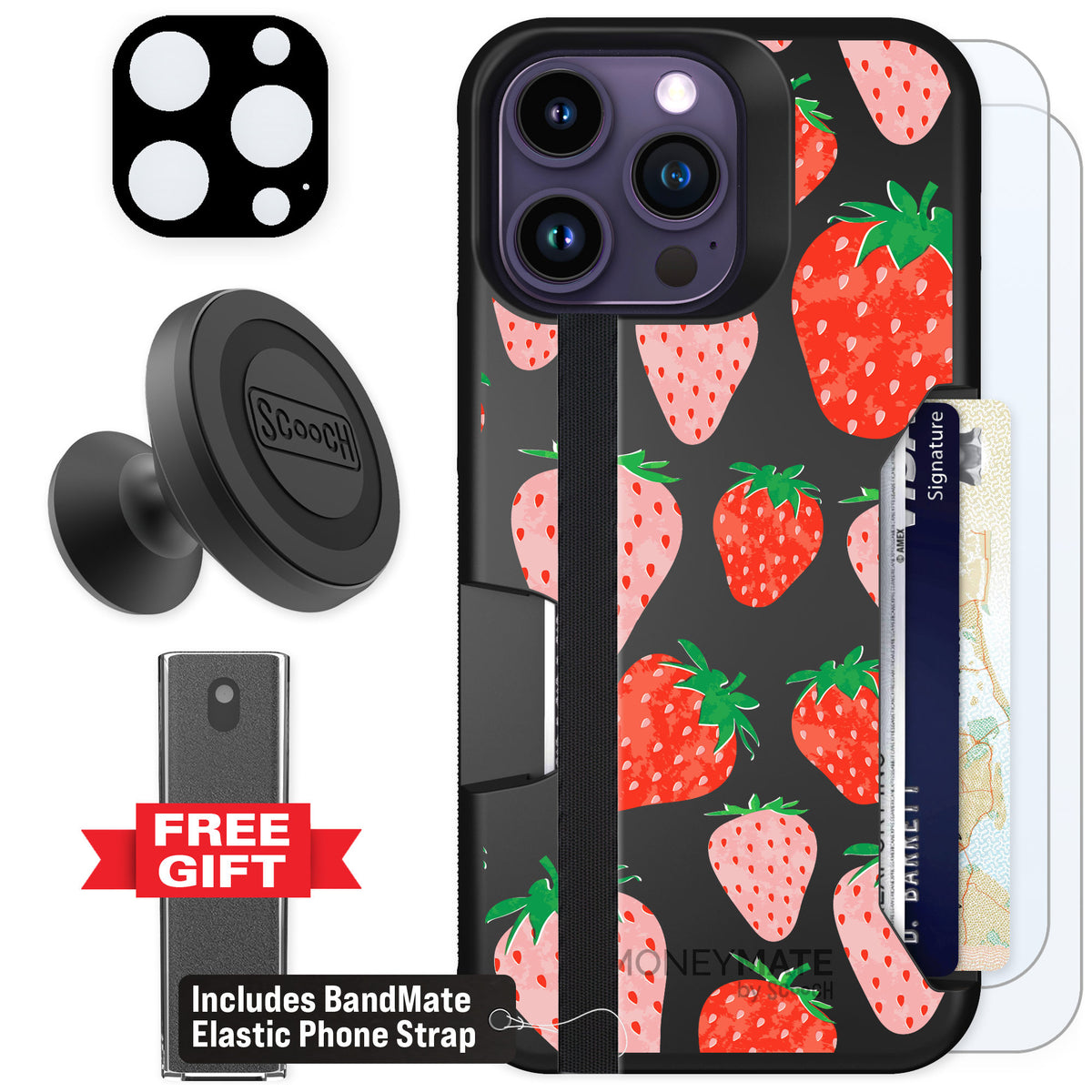 Scooch Moneymate Strawberry Fields for iPhone 14 Pro Max — Defender Bundle