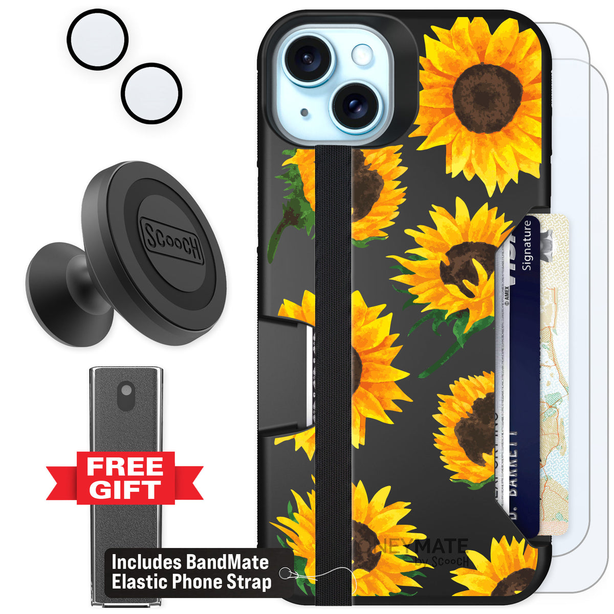 Scooch Moneymate Sunflower Frenzy for iPhone 15 Plus — Defender Bundle