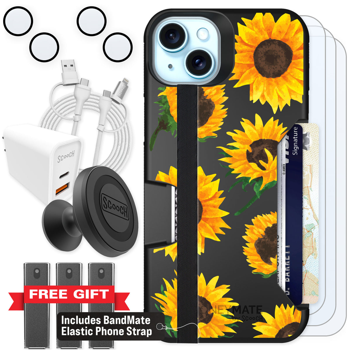 Scooch Moneymate Sunflower Frenzy for iPhone 14 Plus — Ultimate Bundle