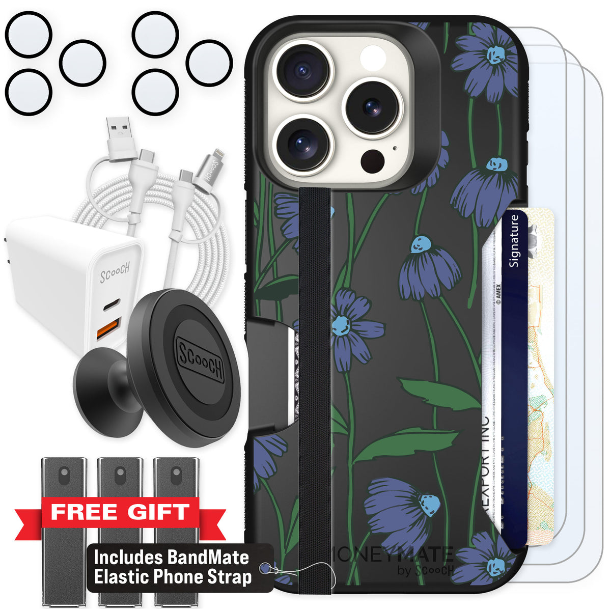 Scooch Moneymate Violet Daisy for iPhone 16 Pro — Ultimate Bundle