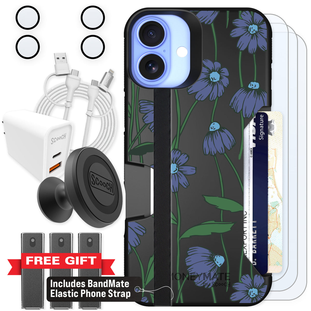 Scooch Moneymate Violet Daisy for iPhone 16 Plus — Ultimate Bundle