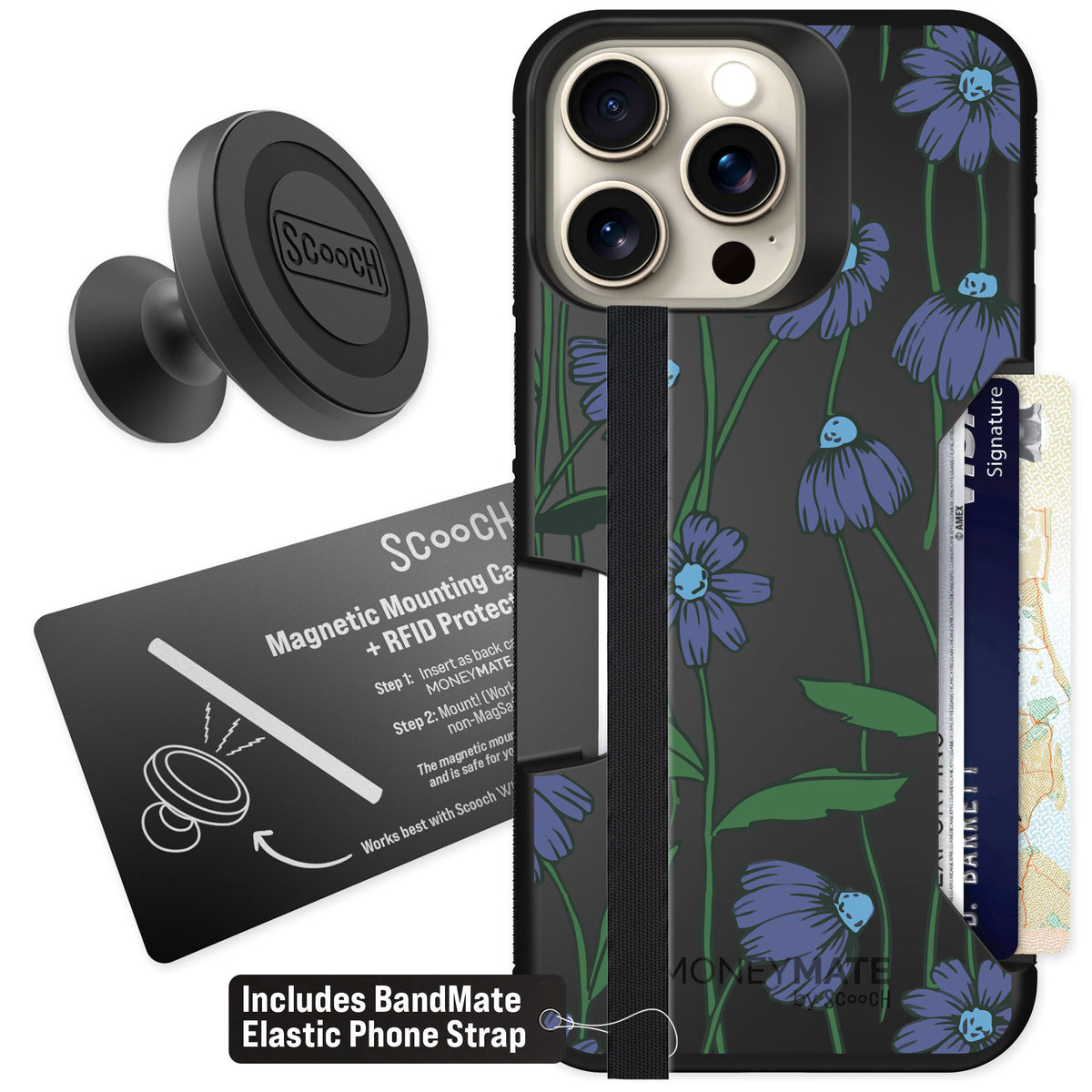 Scooch Moneymate Violet Daisy for iPhone 15 Pro Max — Starter Bundle