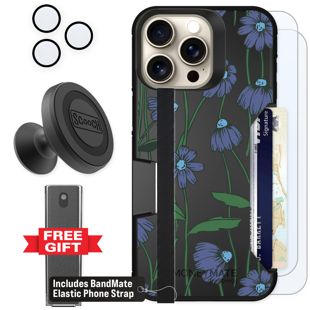 Scooch Moneymate Violet Daisy for iPhone 15 Pro Max — Defender Bundle