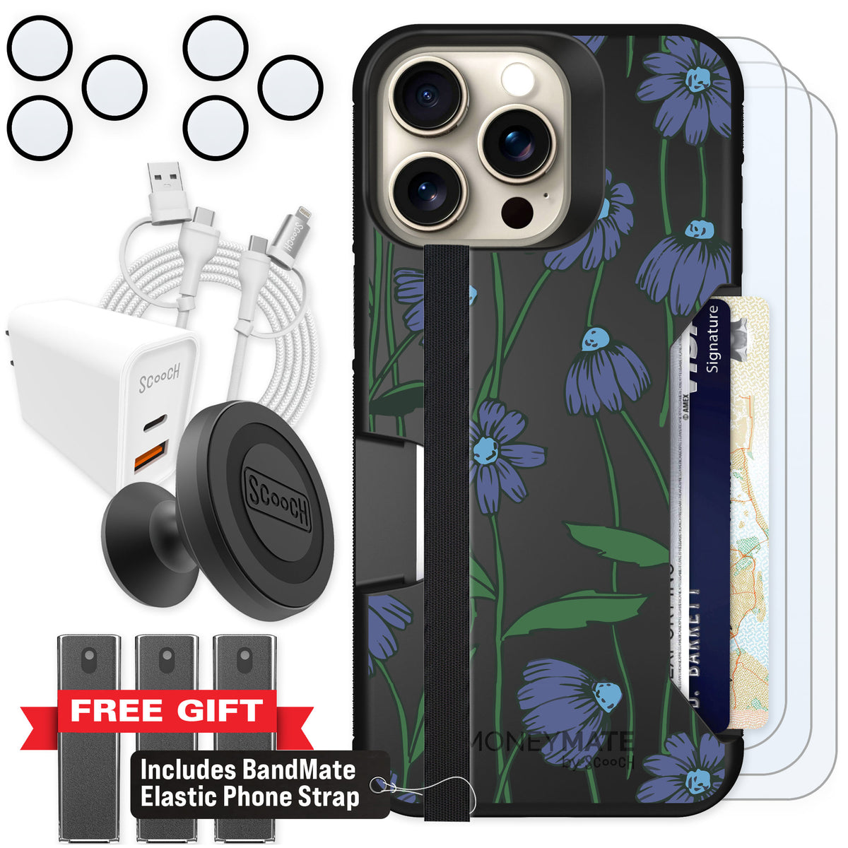 Scooch Moneymate Violet Daisy for iPhone 15 Pro Max — Ultimate Bundle