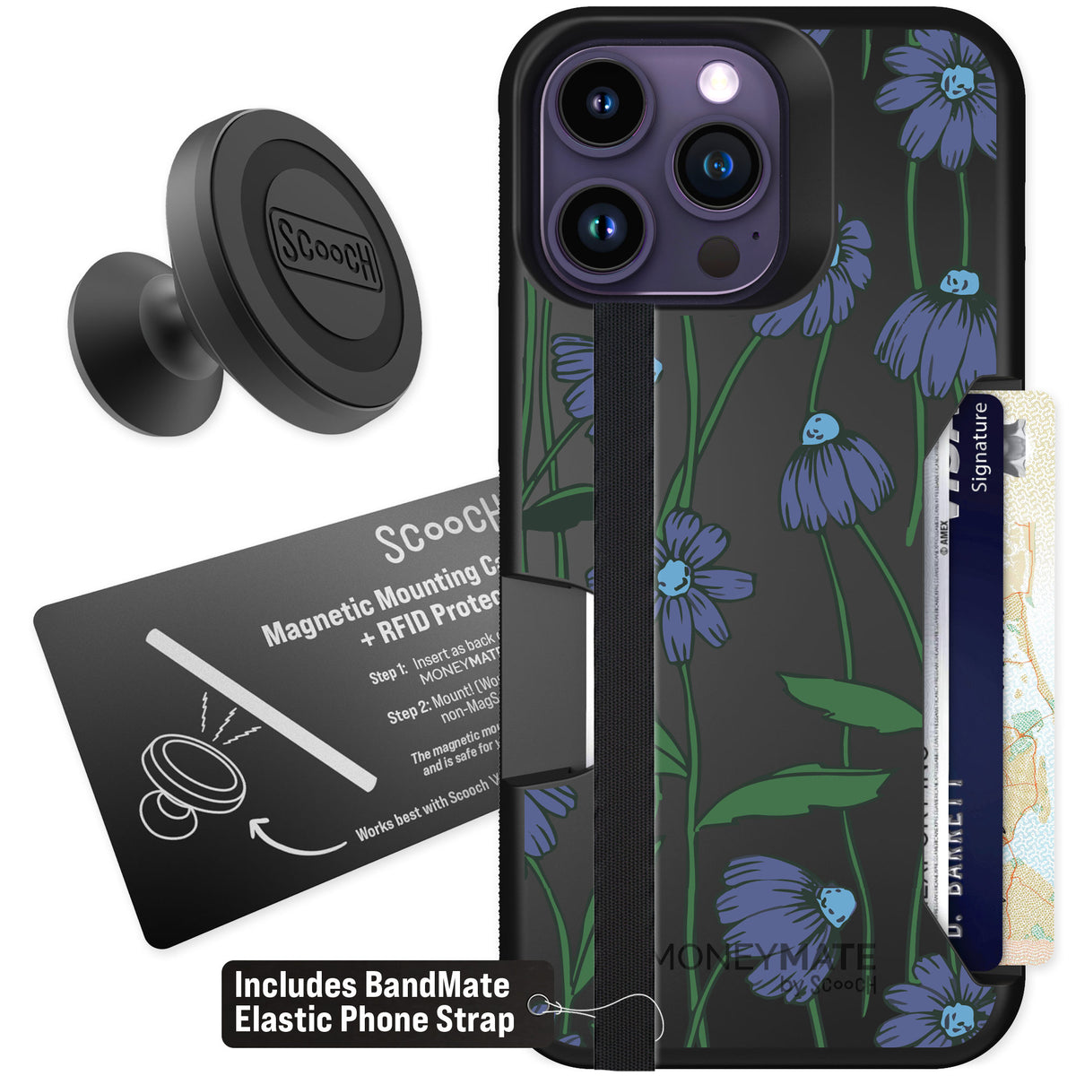 Scooch Moneymate Violet Daisy for iPhone 14 Pro Max — Starter Bundle