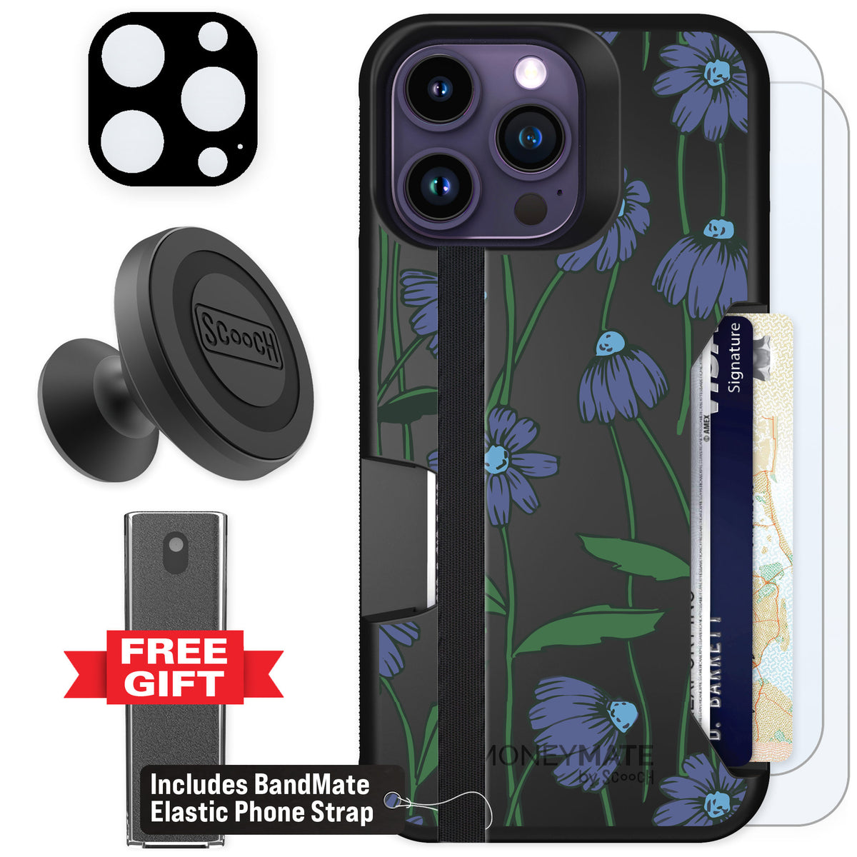 Scooch Moneymate Violet Daisy for iPhone 14 Pro Max — Defender Bundle