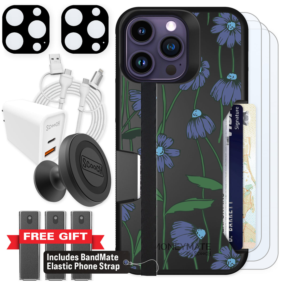 Scooch Moneymate Violet Daisy for iPhone 14 Pro Max — Ultimate Bundle