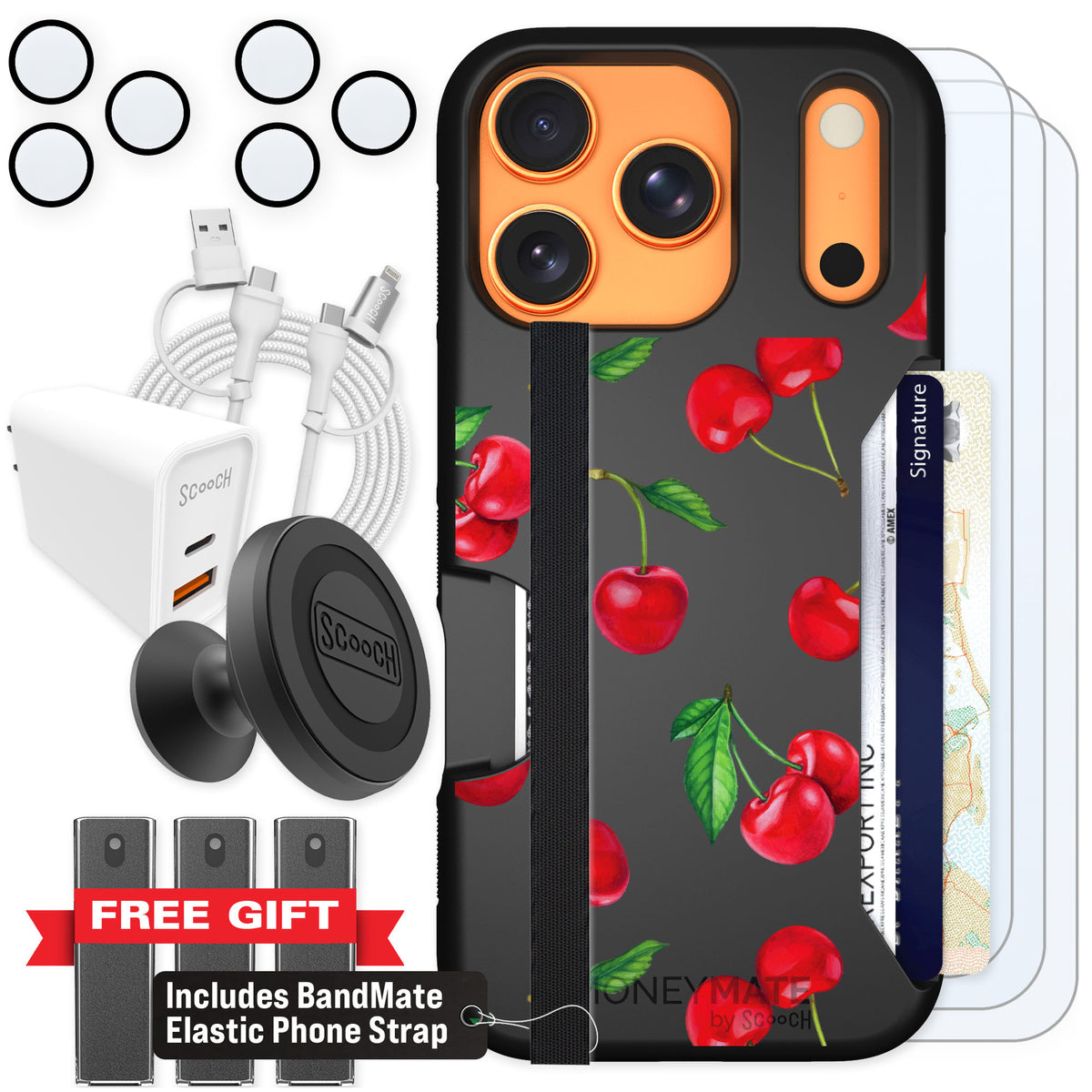 Scooch Moneymate Very Cherry for iPhone 17 Pro — Ultimate Bundle