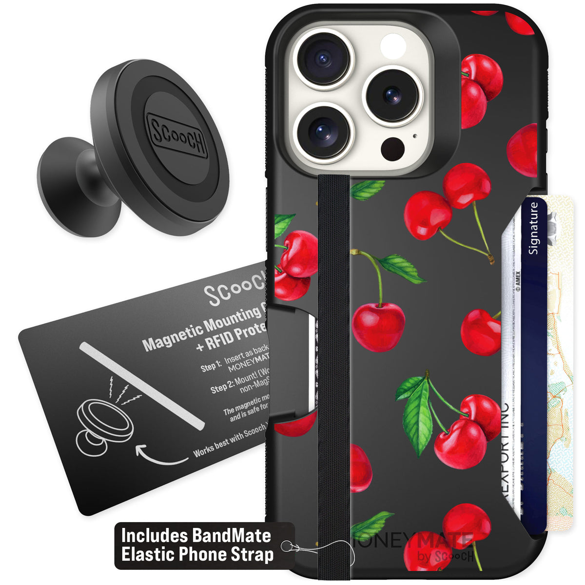 Scooch Moneymate Very Cherry for iPhone 16 Pro — Starter Bundle