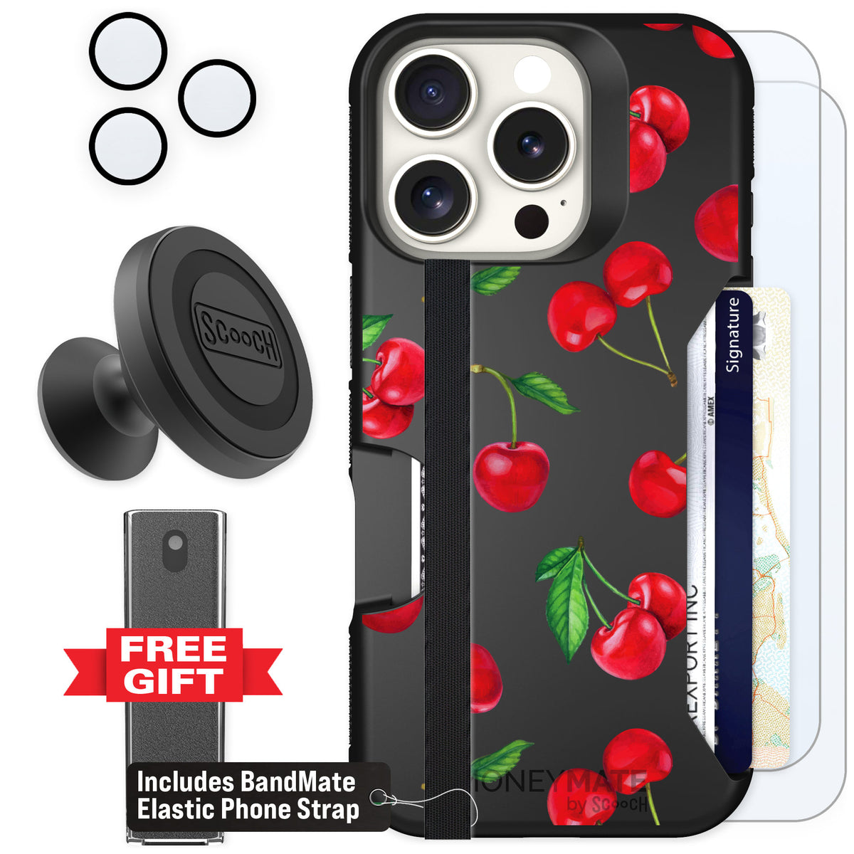 Scooch Moneymate Very Cherry for iPhone 16 Pro — Defender Bundle