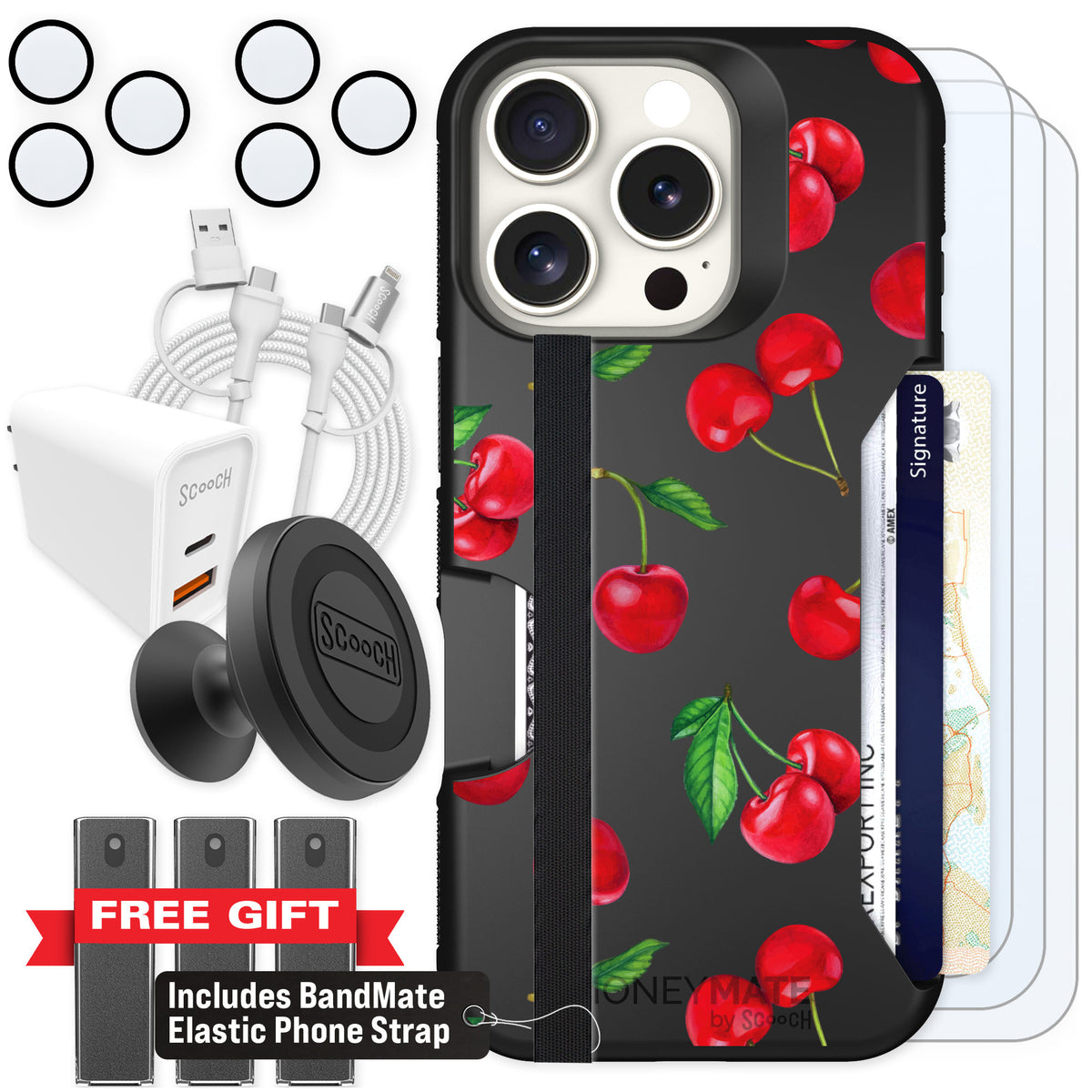 Scooch Moneymate Very Cherry for iPhone 16 Pro — Ultimate Bundle