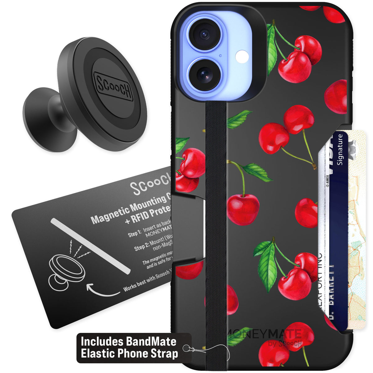 Scooch Moneymate Very Cherry for iPhone 16 Plus — Starter Bundle