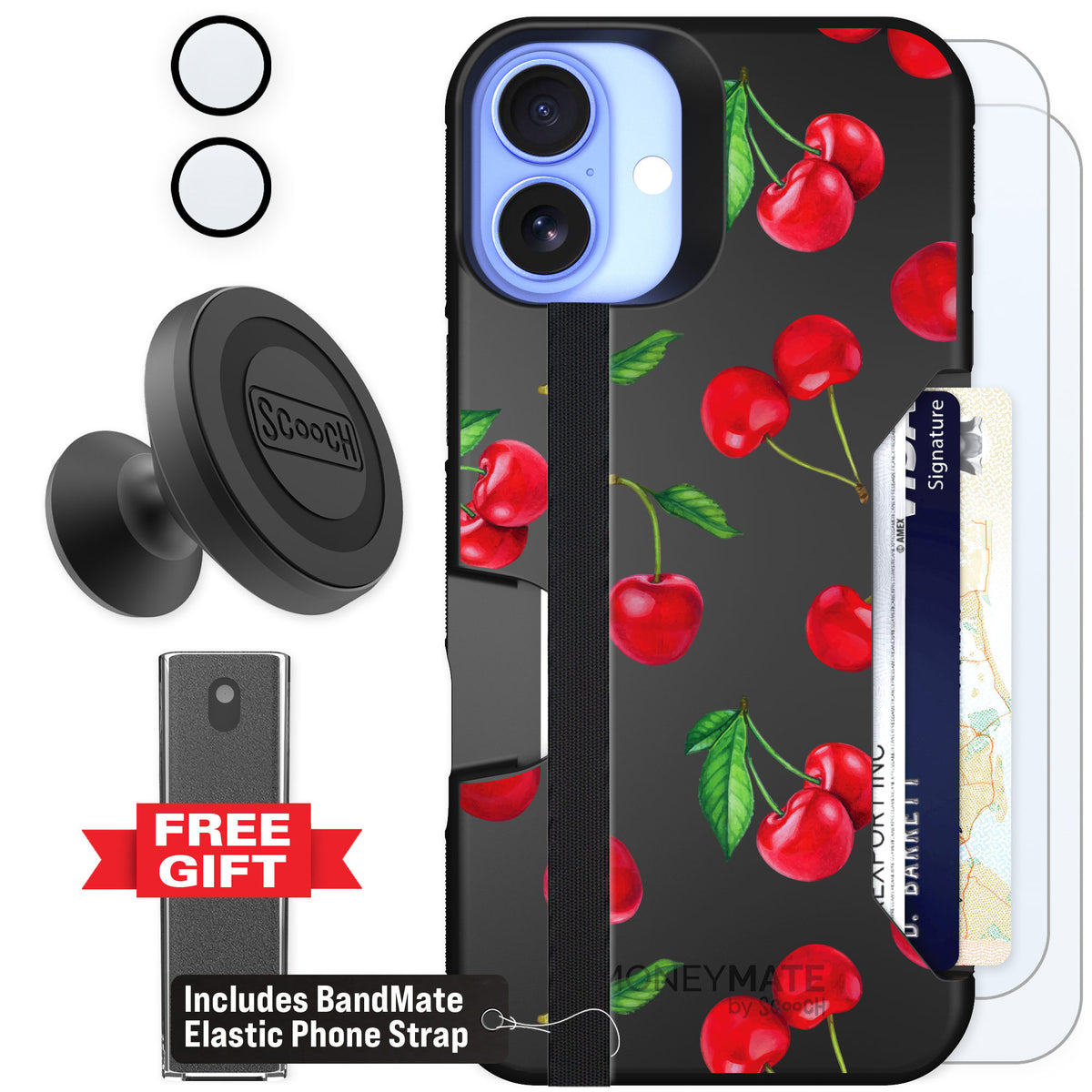 Scooch Moneymate Very Cherry for iPhone 16 Plus — Defender Bundle