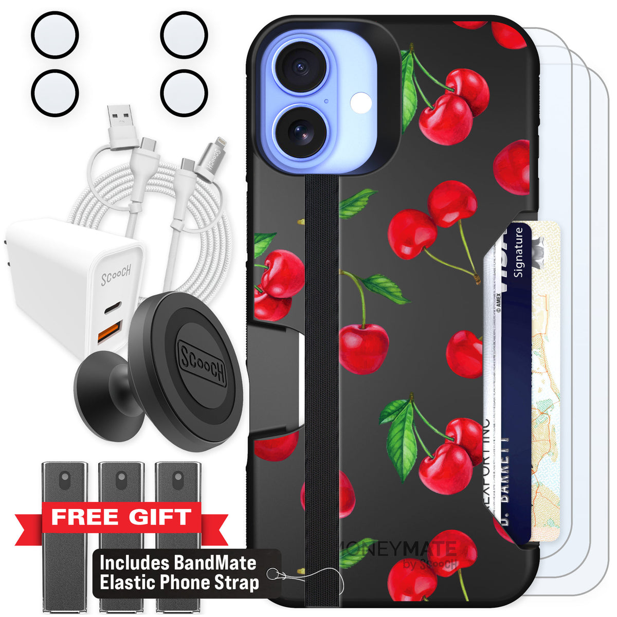 Scooch Moneymate Very Cherry for iPhone 16 Plus — Ultimate Bundle