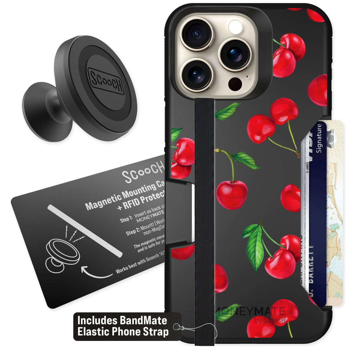 Scooch Moneymate Very Cherry for iPhone 15 Pro Max — Starter Bundle