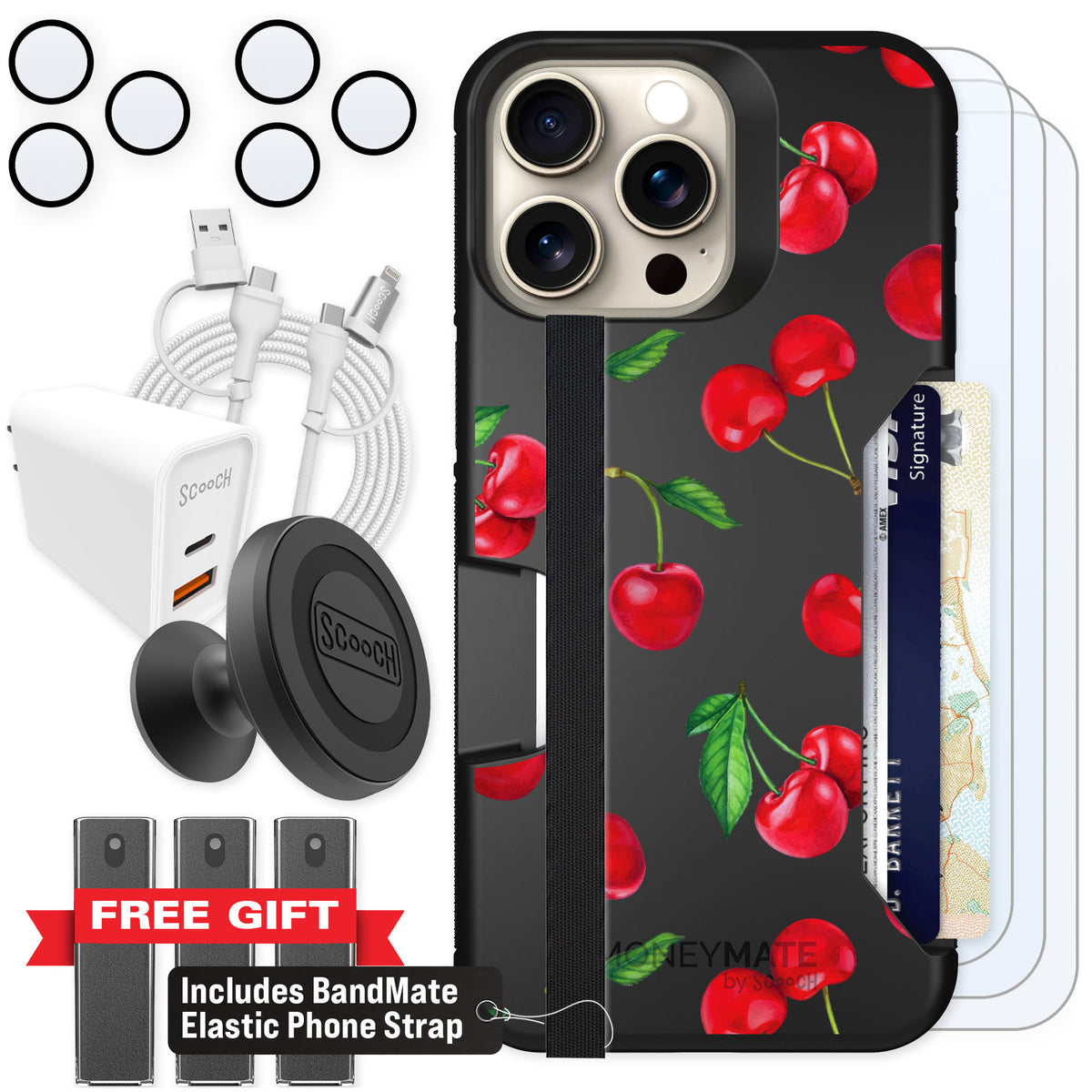 Scooch Moneymate Very Cherry for iPhone 15 Pro Max — Ultimate Bundle